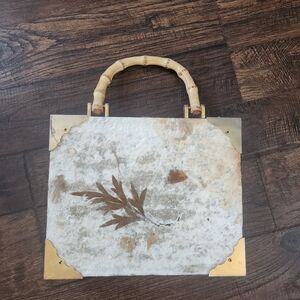 Vintage Bamboo-Handle Floral Accent Box Purse in Cream and Gold